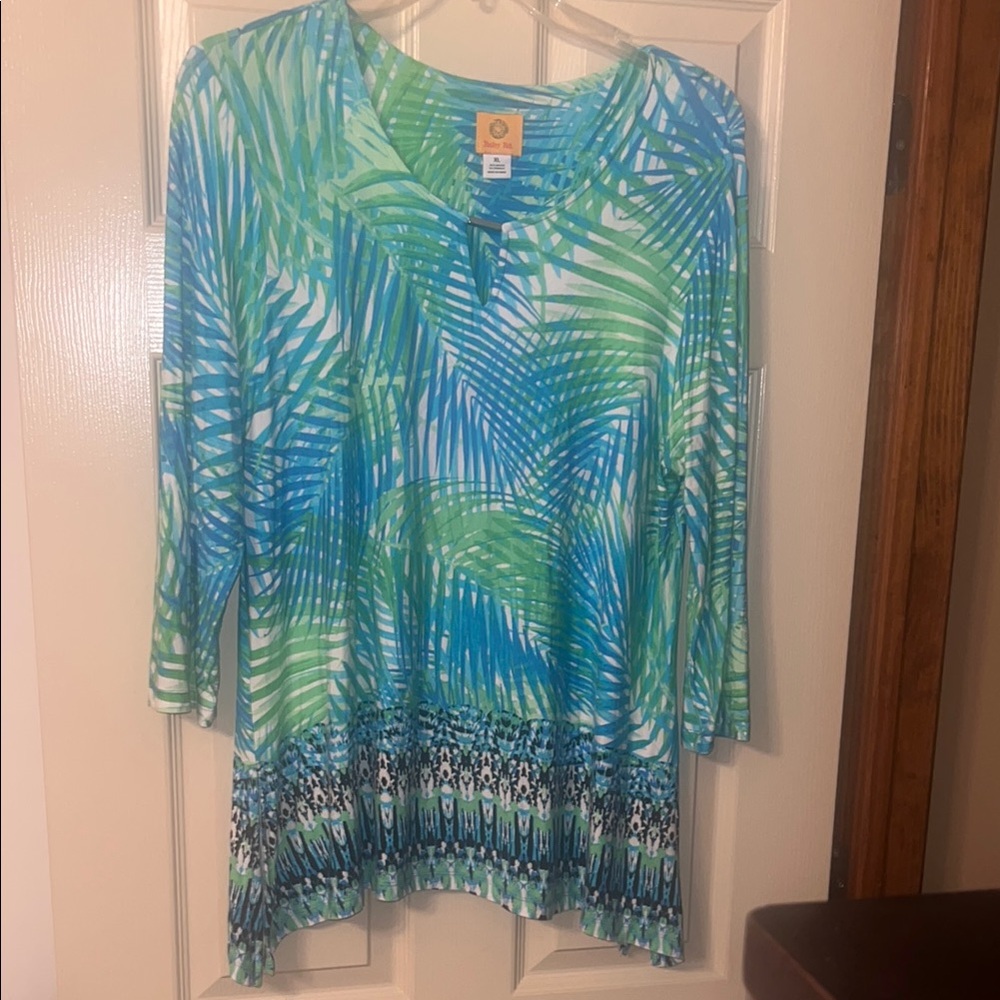 Ruby Rd Blue and Green Graphic Tunic 3/4 Sleeve